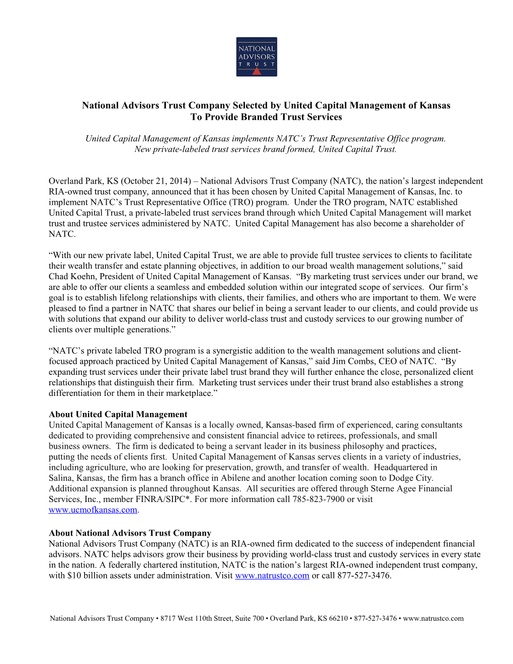 National Advisors Trust Company Selected by United Capital Management of Kansas