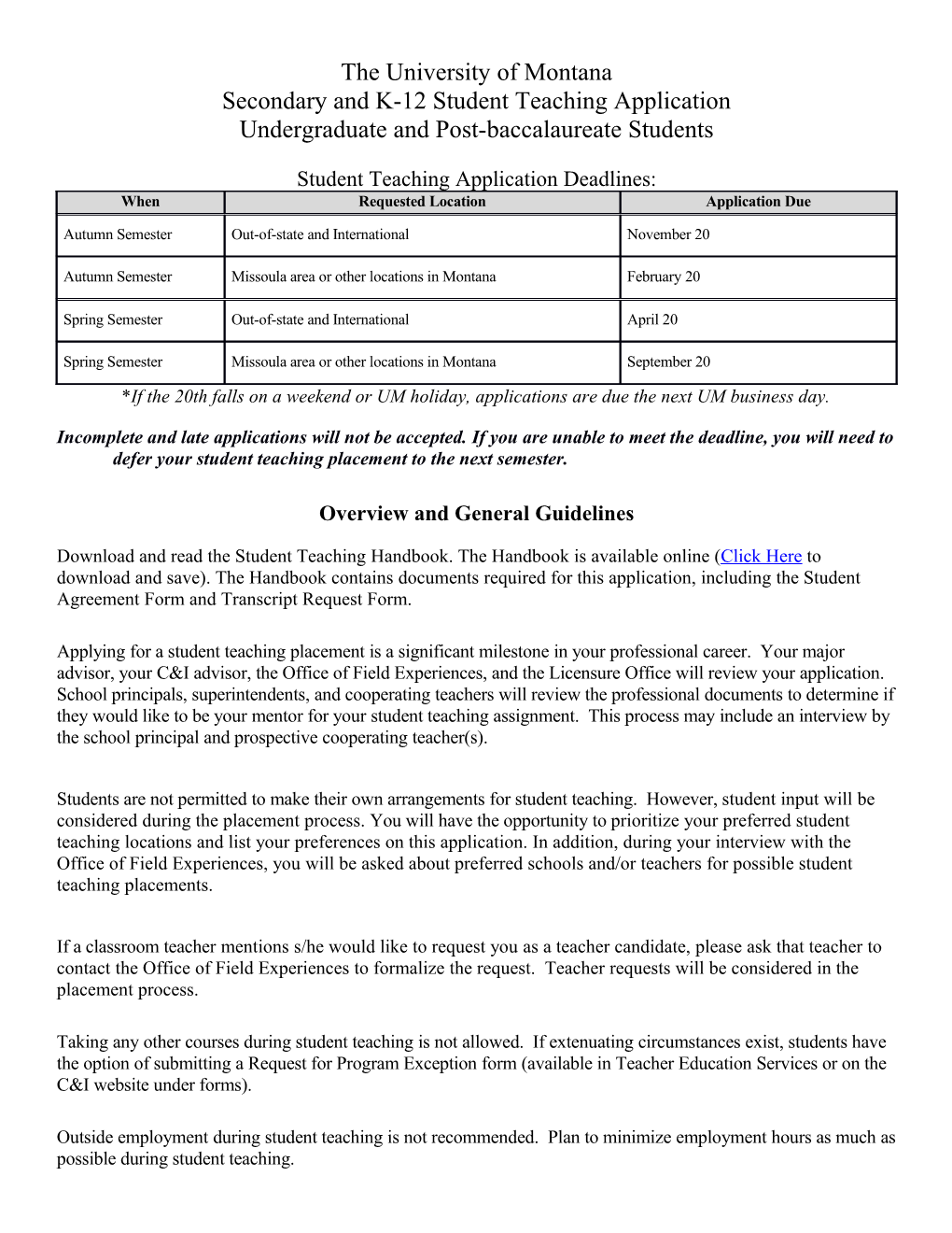 Secondary and K-12 Student Teaching Application