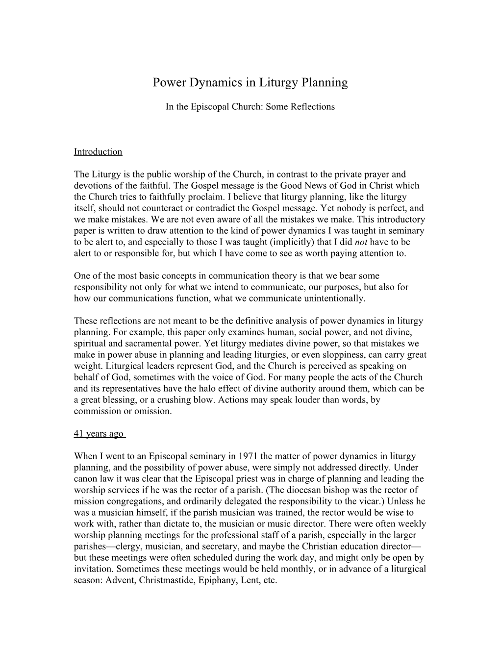 Power Dynamics in Liturgy Planning