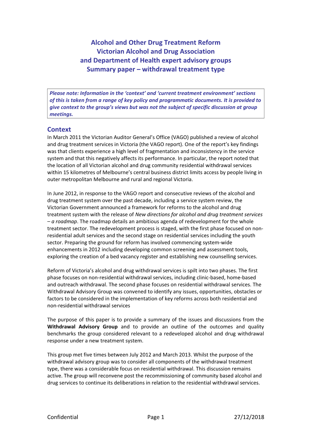 AOD Treatment Reform: VAADA/DH Expert Advisory Groups