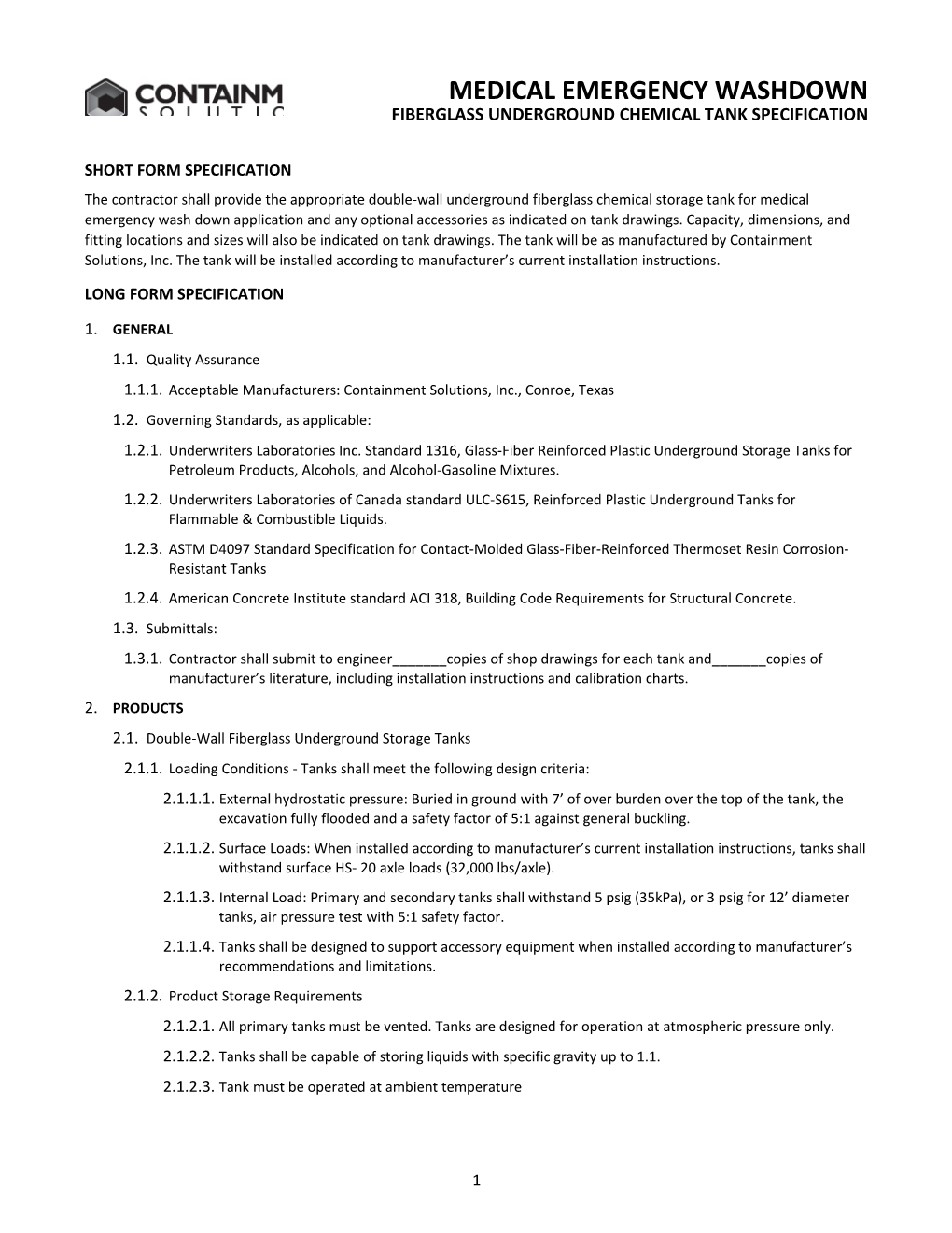 Fiberglass Underground Chemical Tank Specification