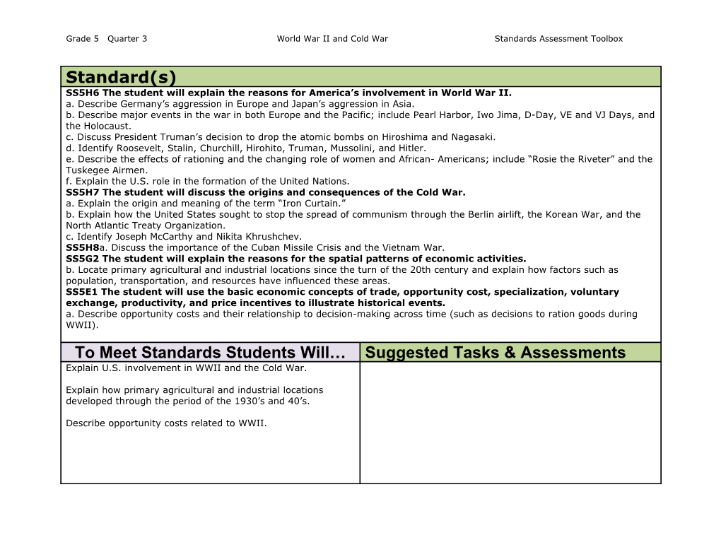 Grade 5 Quarter 3 World War II and Cold War Standards Assessment Toolbox