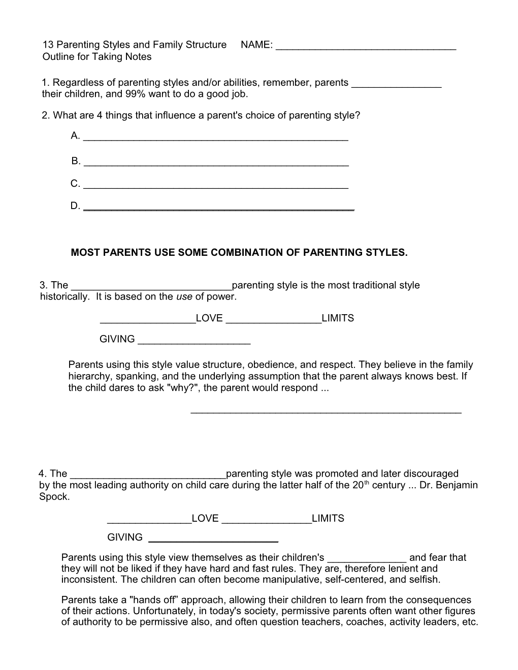Worksheet Over Parenting Styles