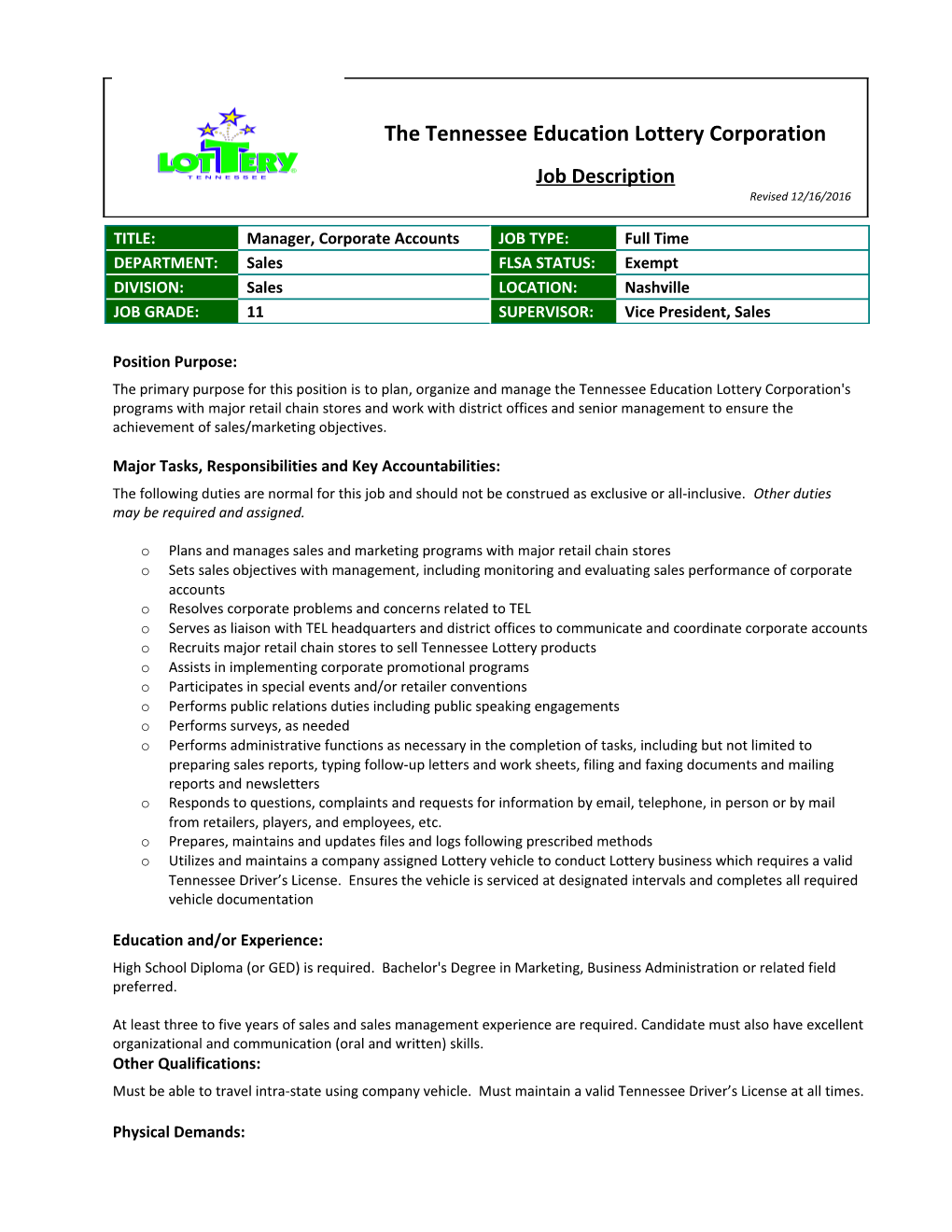 Major Tasks, Responsibilities and Key Accountabilities