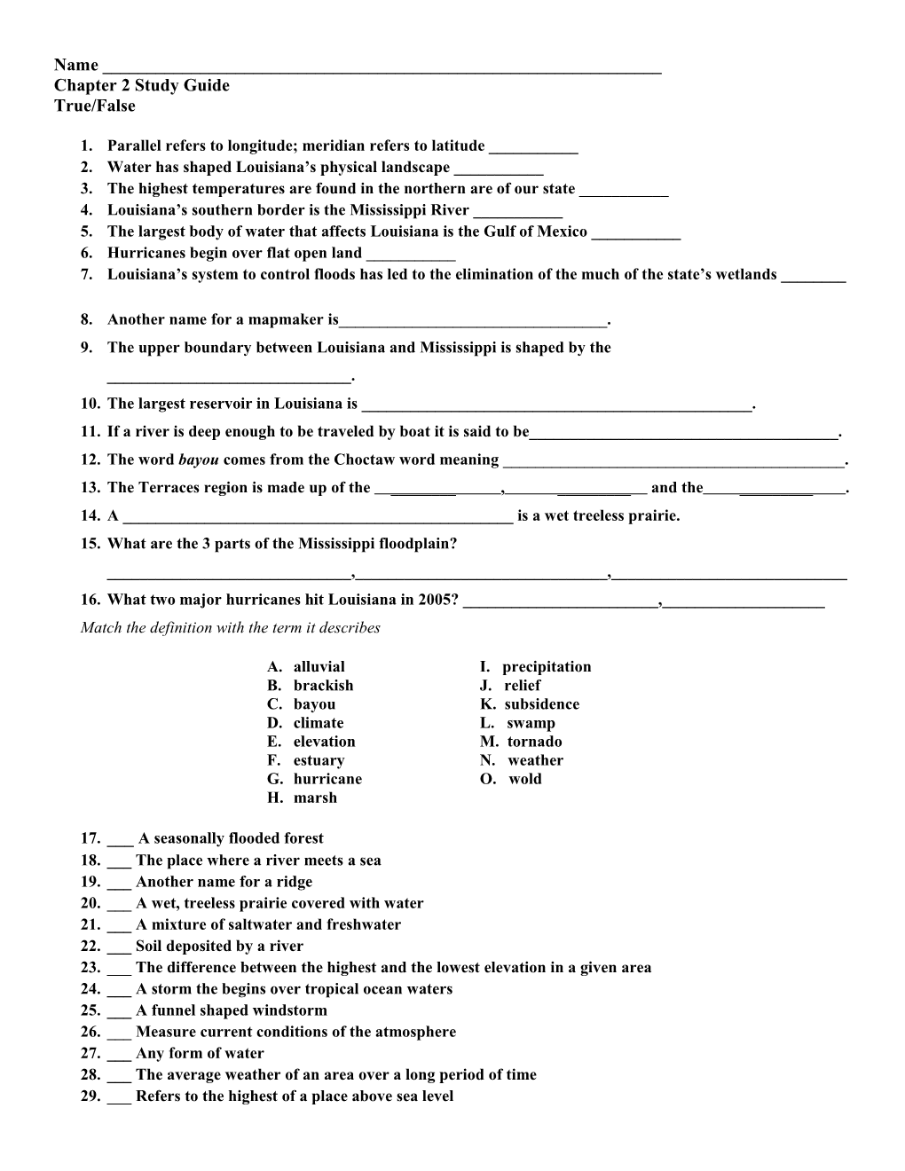 Name ______ Chapter 2 Study Guide
