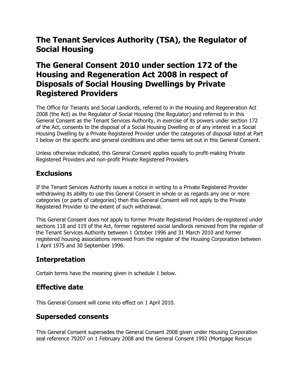 The New Regulatory Framework for Social Housing in England from April 2010