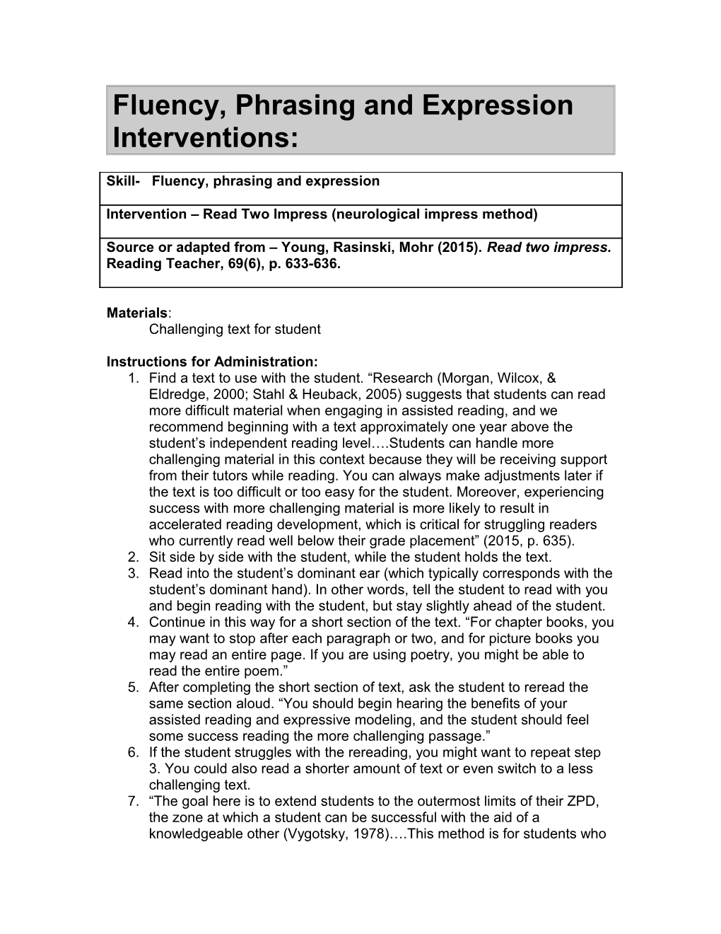 Timed Reading, Phrasing and Expression Interventions