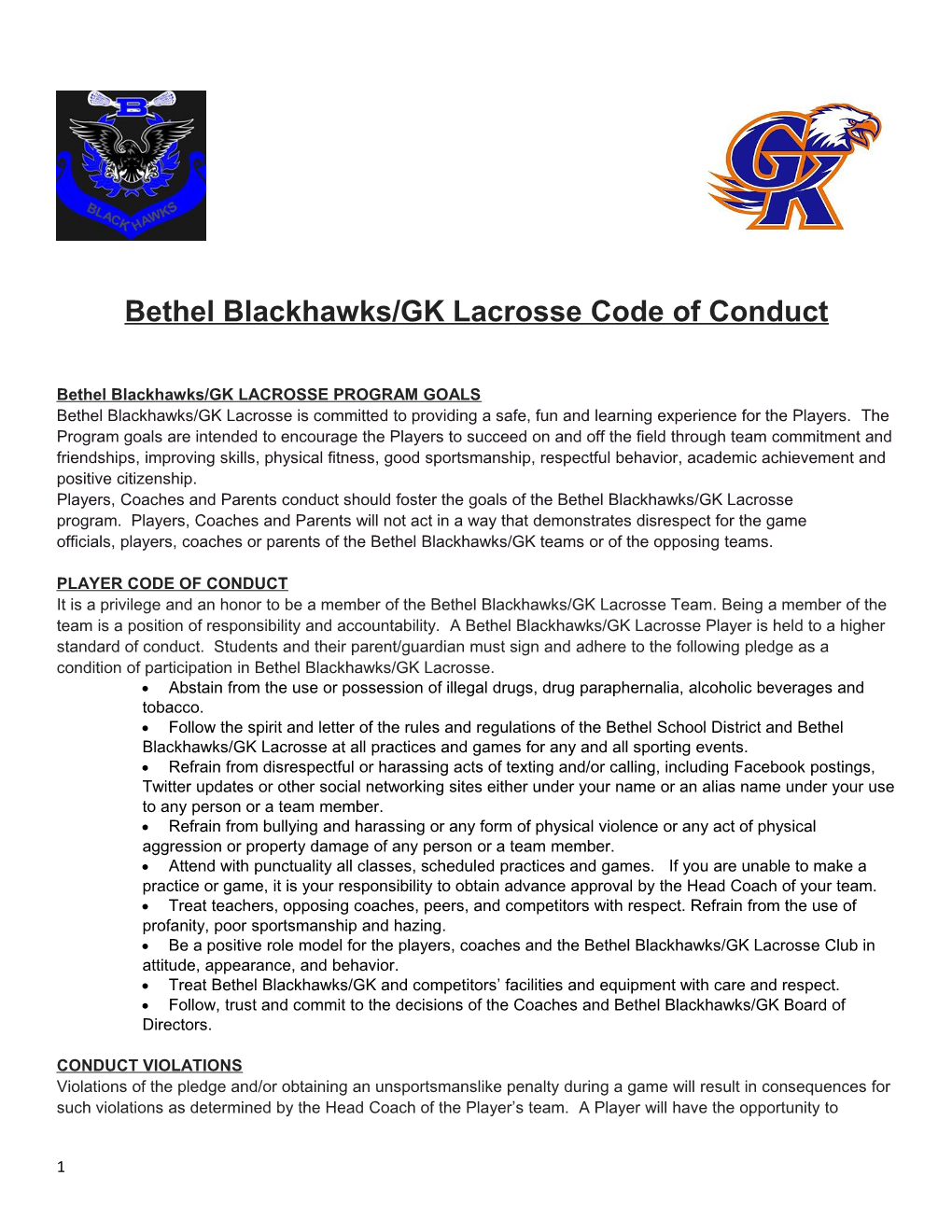 Bethel Blackhawks/GK Lacrosse Code of Conduct
