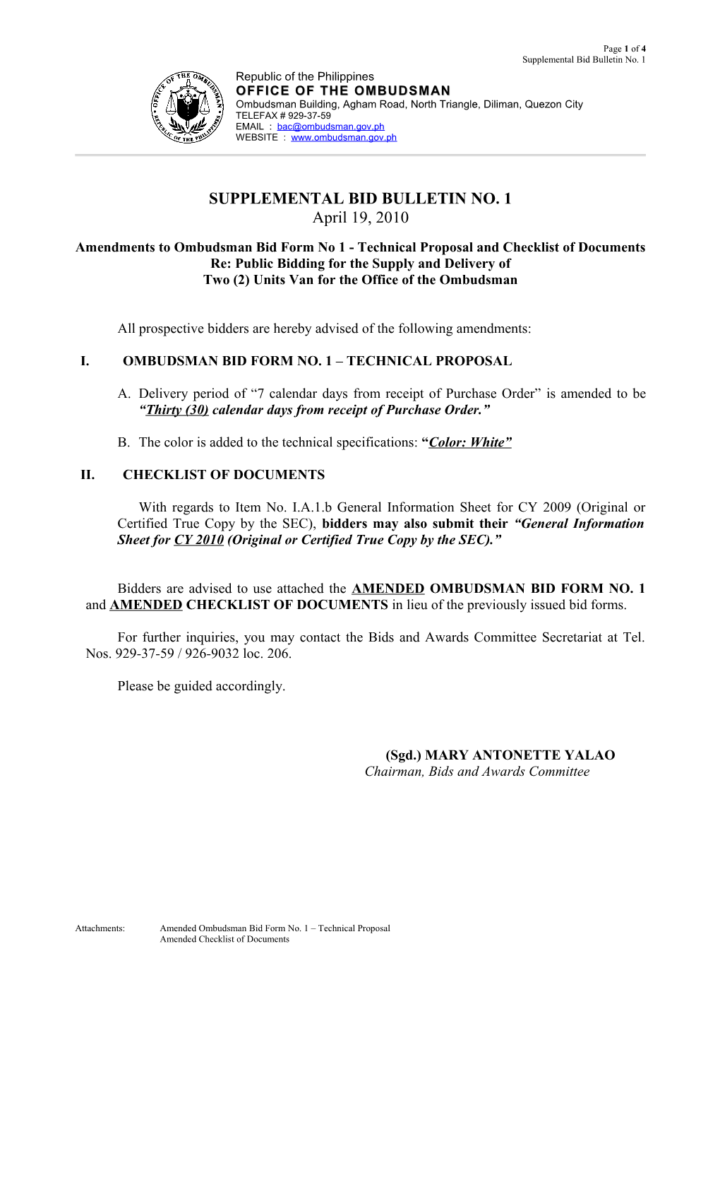 Supplemental Bid Bulletin No. 1