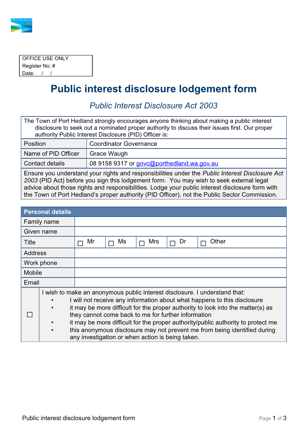 Public Interest Disclosure Lodgement Form