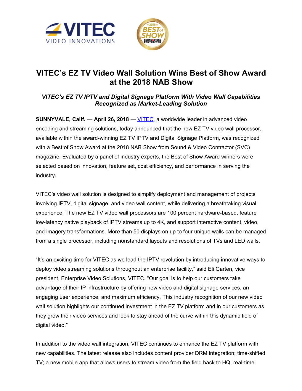 VITEC S EZ TV Video Wall Solution Wins Best of Showaward at the 2018 NAB Show