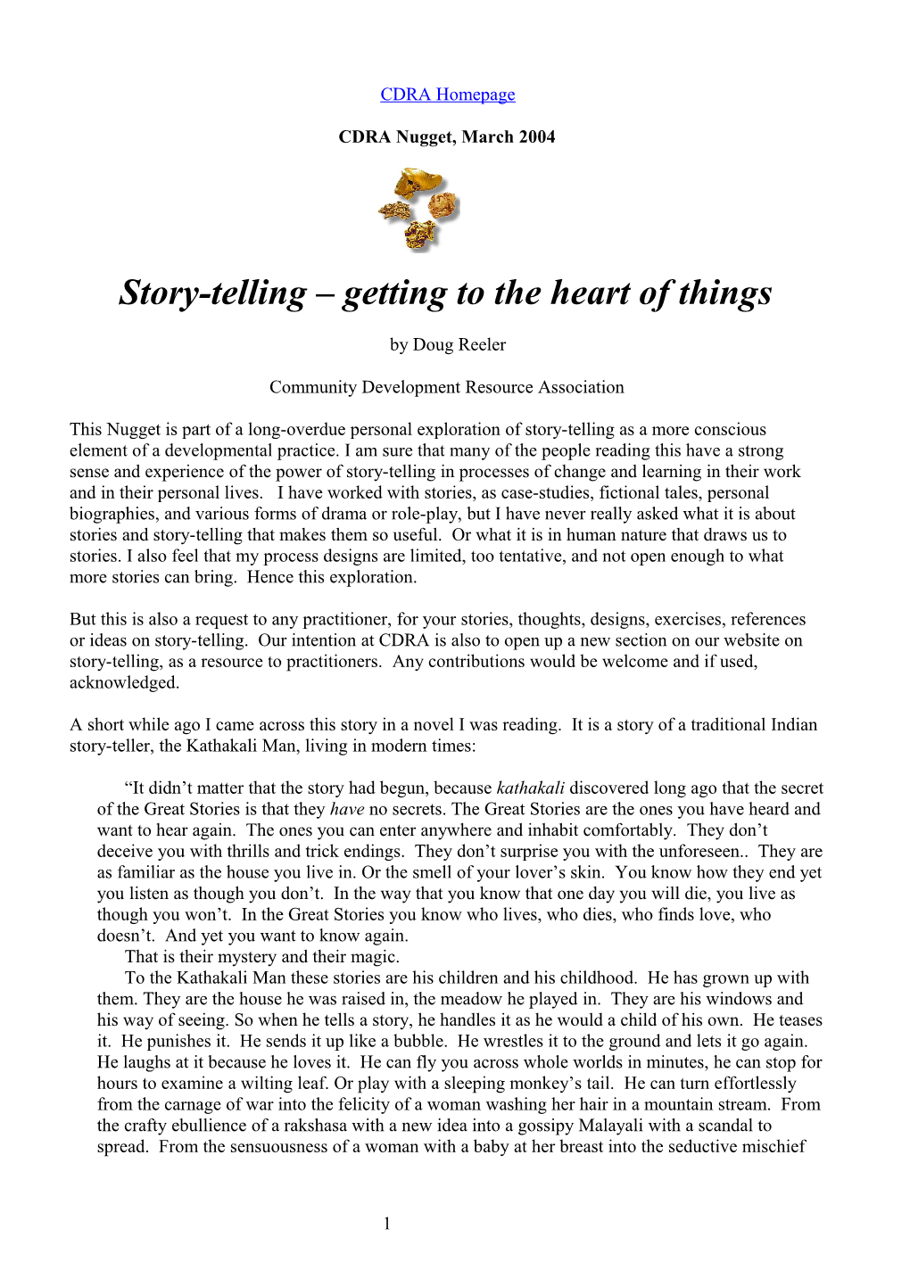 2004 CDRA Nugget - Storytelling - Getting to the Heart of Things by Doug Reeler - Word Doc