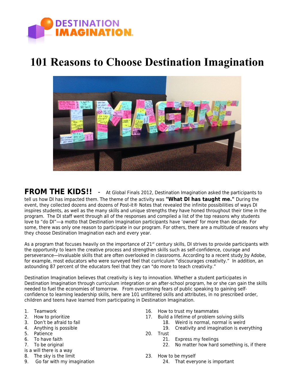 101 Reasons to Choose Destination Imagination