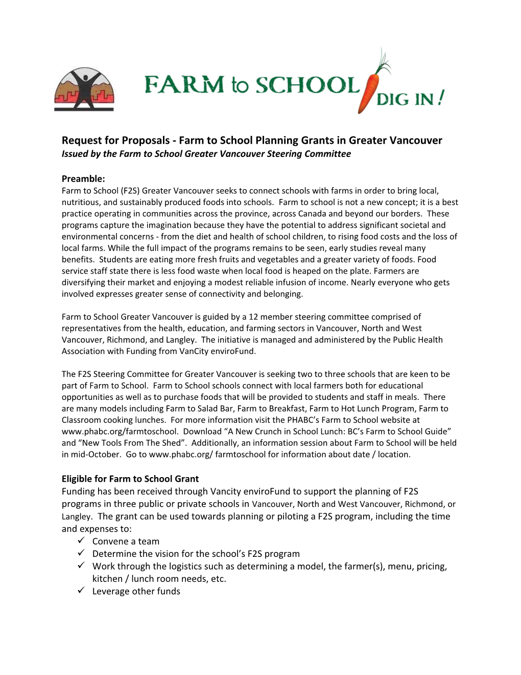 Request for Proposals - Farm to School Planning Grants in Greater Vancouver