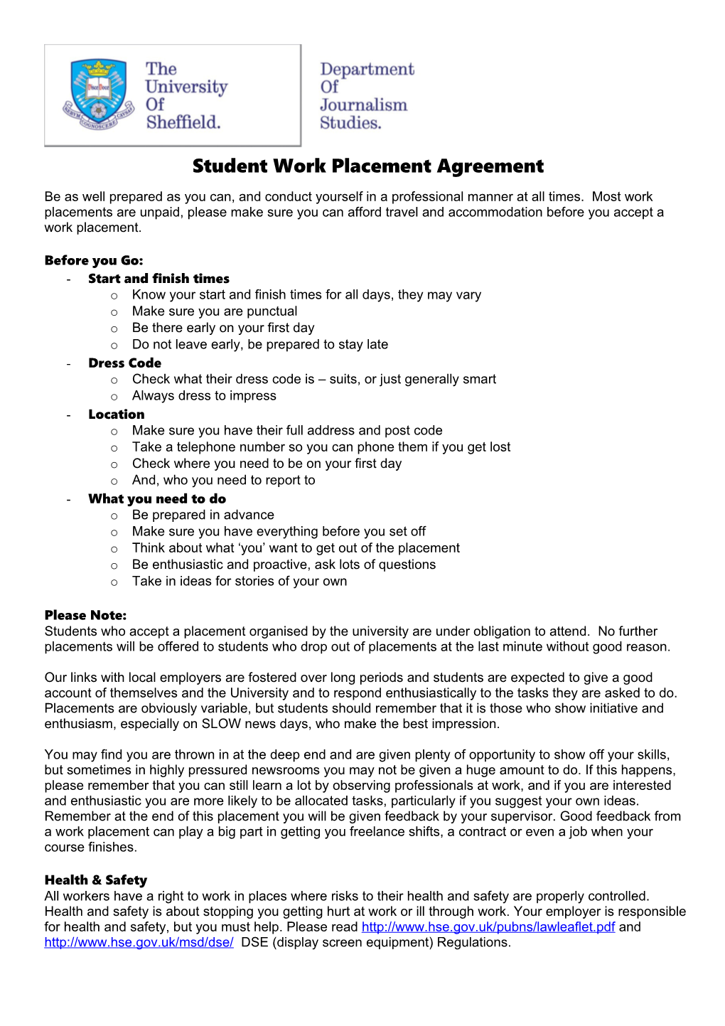 Work Placement Letter to Student