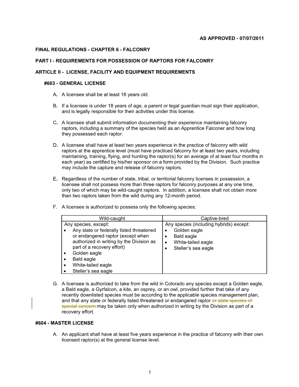 Final Regulations - Chapter 6 - Falconry