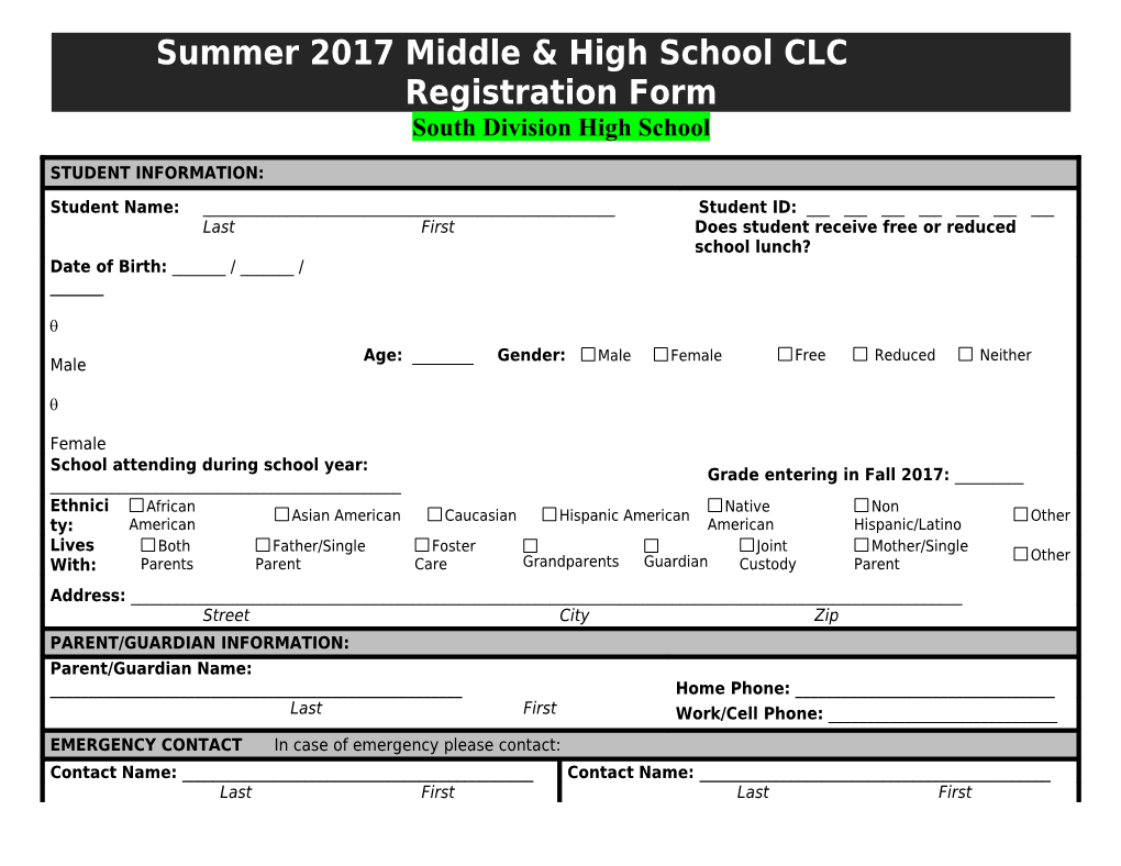 Summer 2012 CLC Registration Form