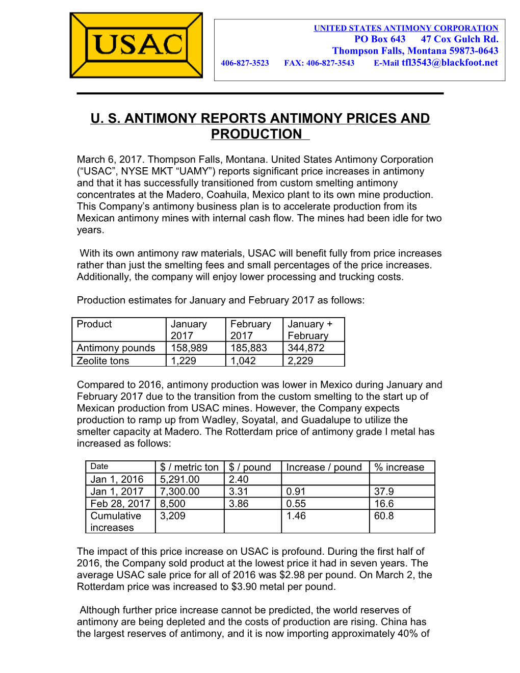 U. S. Antimony Reports Antimony Prices and Production