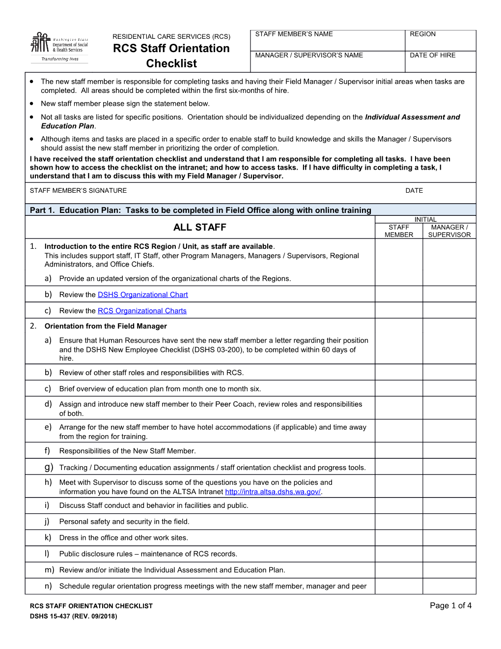 RCS Staff Orientation Checklist