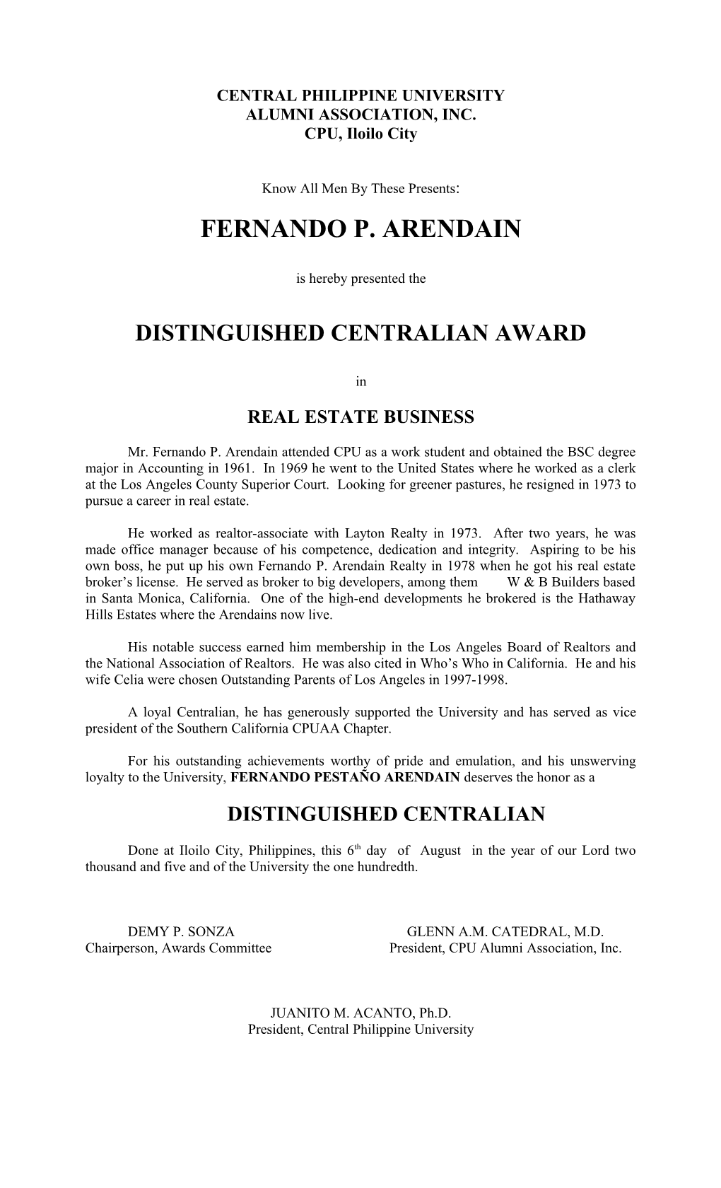 Distinguished Centralian Citations 2005