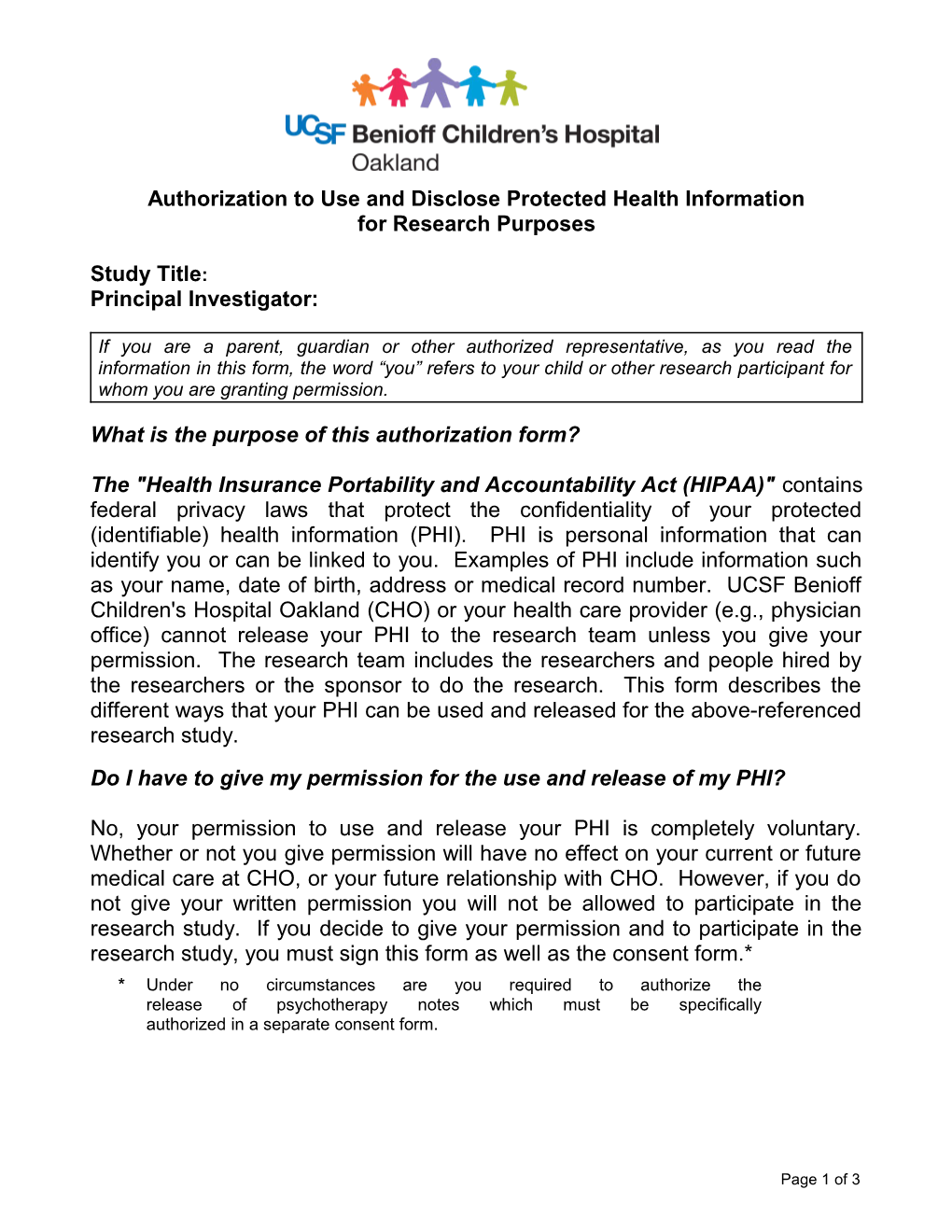 Authorization to Use and Disclose Protected Health Information