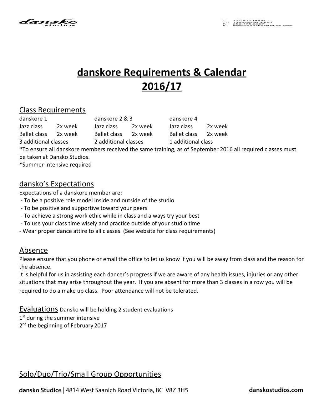 Danskore Requirements & Calendar