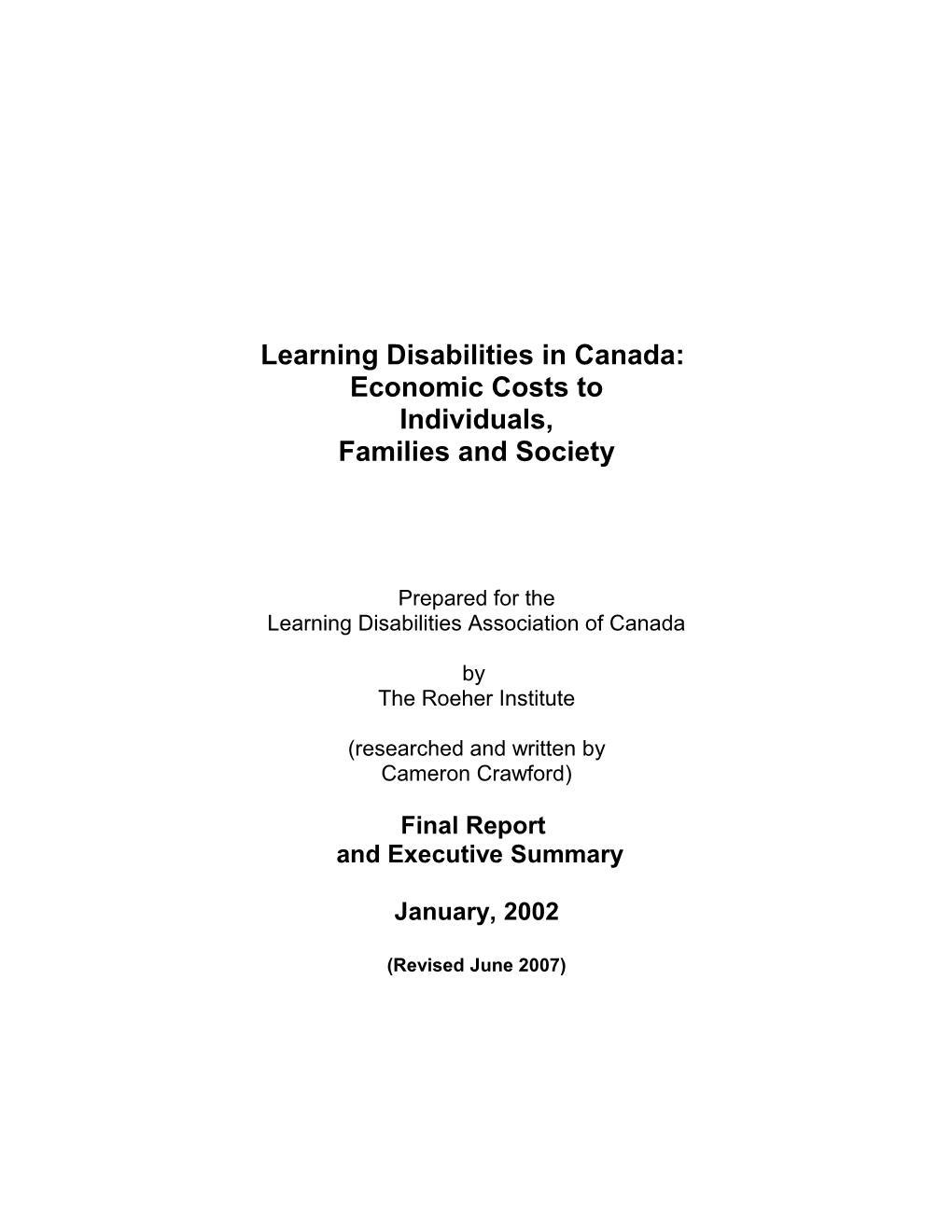 The Economic Burden of Learning Disability