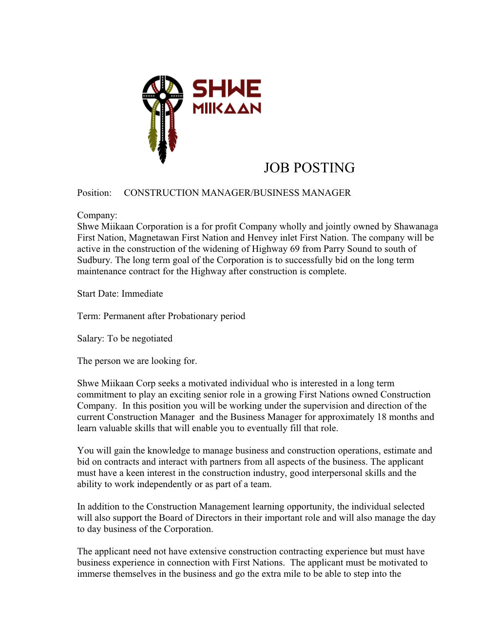 Position: CONSTRUCTION MANAGER/BUSINESS MANAGER