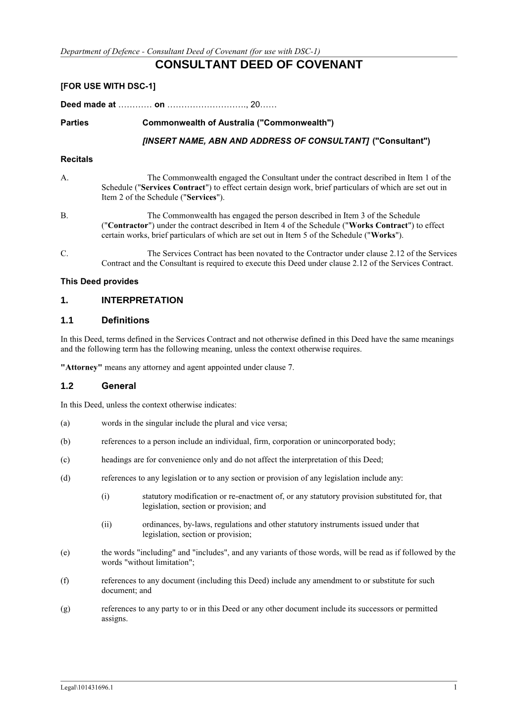 Department of Defence - Consultant Deed of Covenant (For Use with DSC-1)