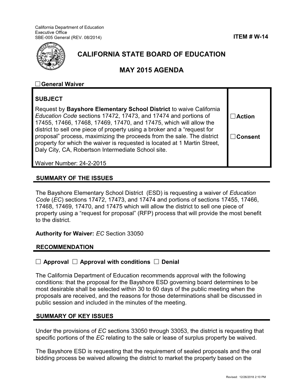 May 2015 Waiver Item W-14 - Meeting Agendas (CA State Board of Education)