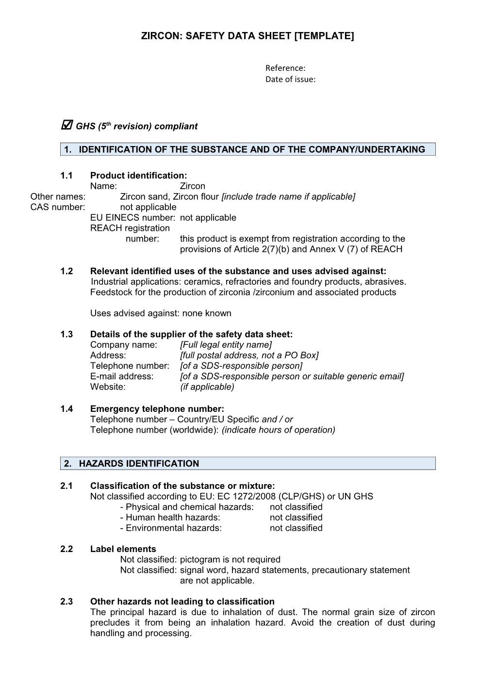 Zircon:Safety Data Sheet Template