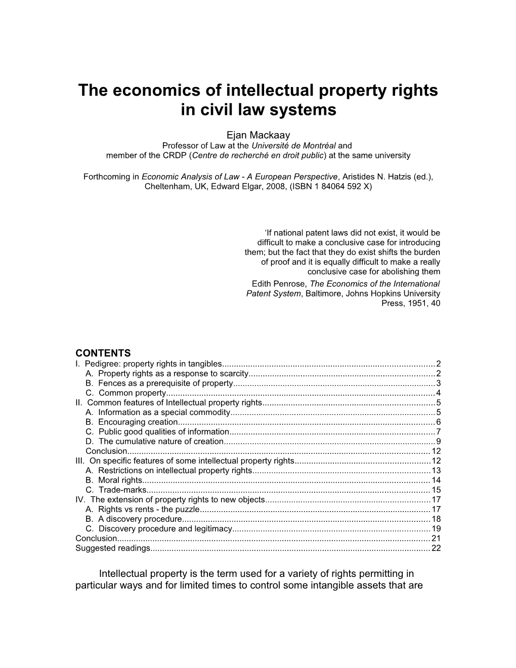 The Economic Analysis of Intellectual Property Rights in Civil Law Systems