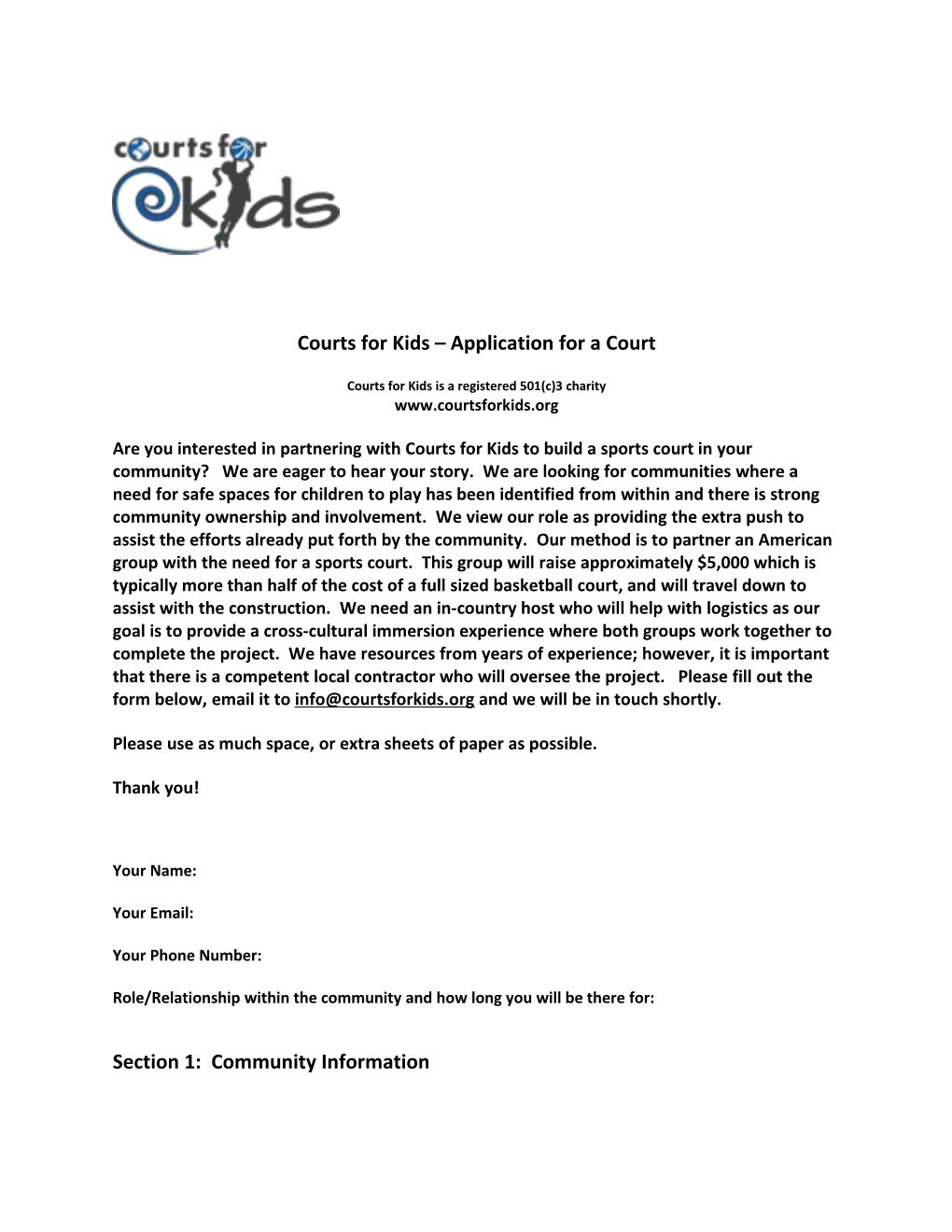 Courts for Kids Application for a Court