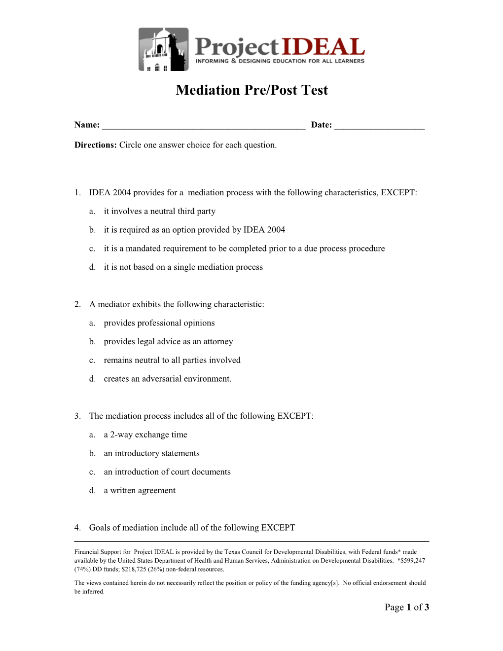 Mediation Pre/Post Test