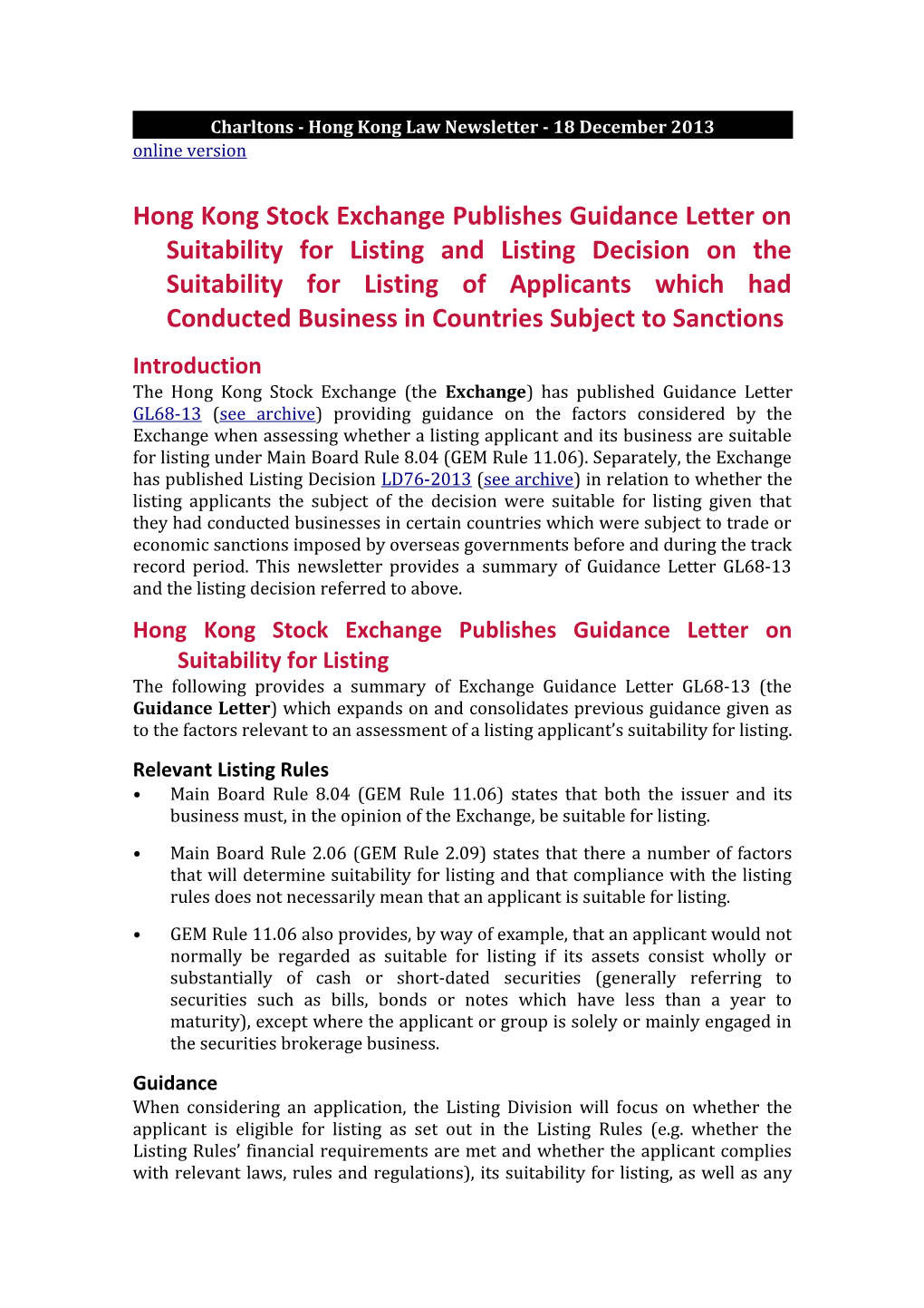 Charltons - Hong Kong Law Newsletter - 18 December 2013