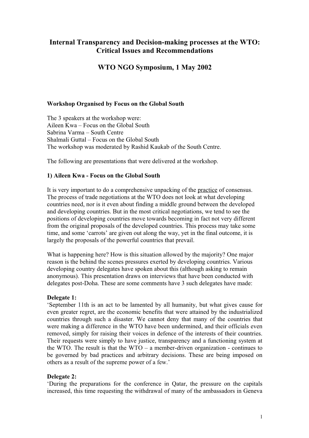 Internal Transparency and Decision-Making Processes at the WTO