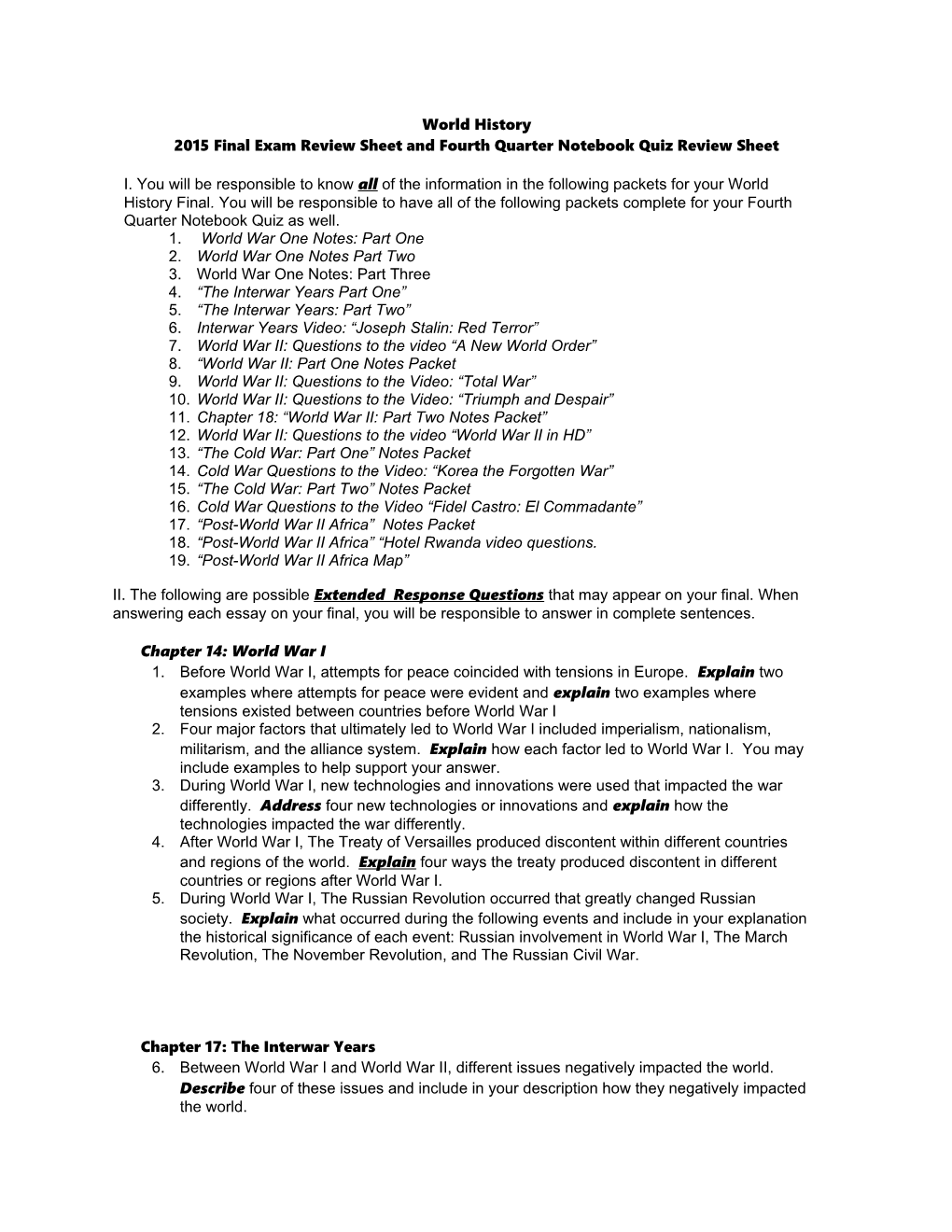 2015Final Exam Review Sheet and Fourth Quarter Notebook Quiz Review Sheet