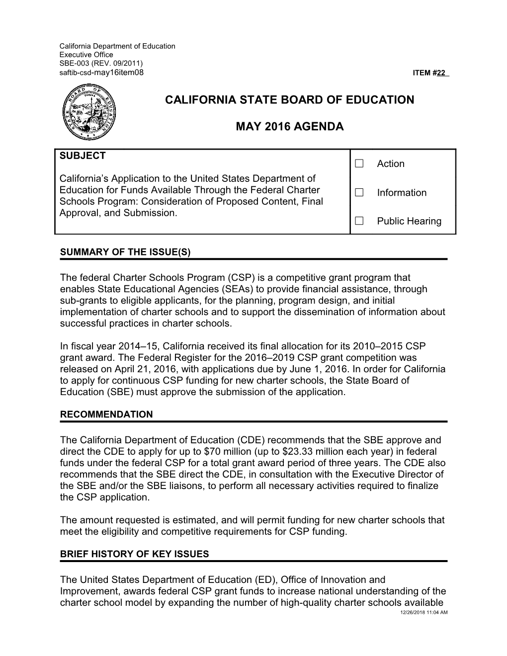 May 2016 Agenda Item 22 - Meeting Agendas (CA State Board of Education)