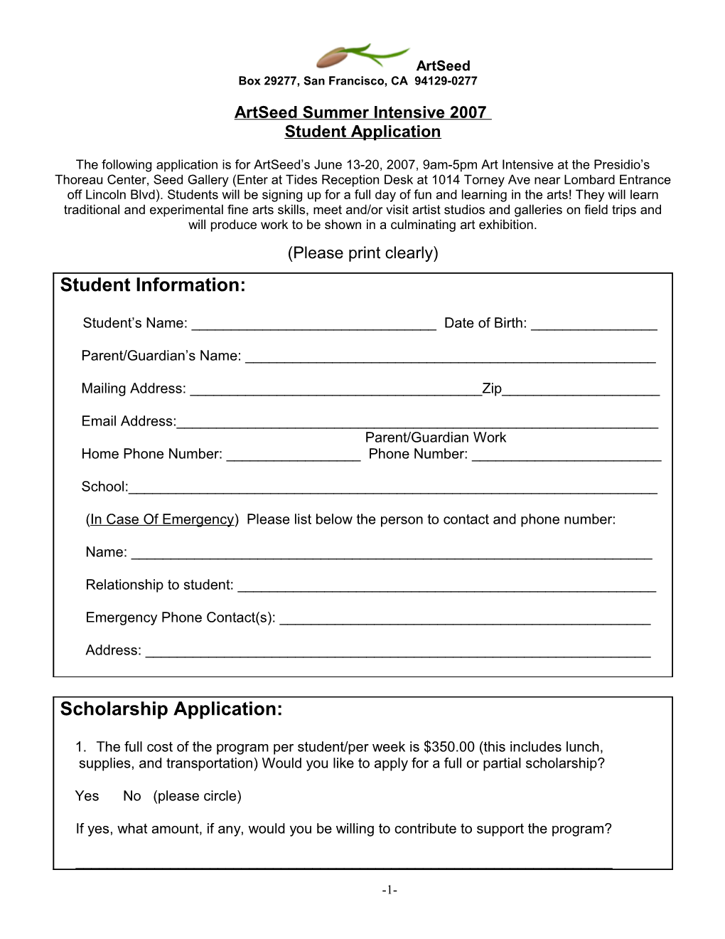 Artseed Parent/Guardian Permission Form
