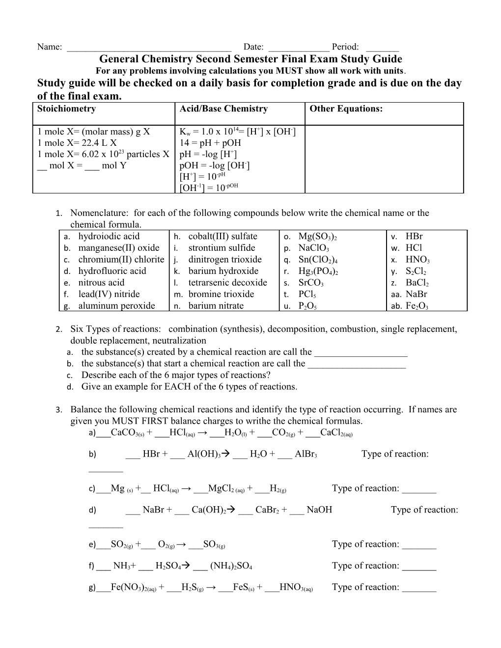 General Chemistry Second Semester Final Exam Study Guide