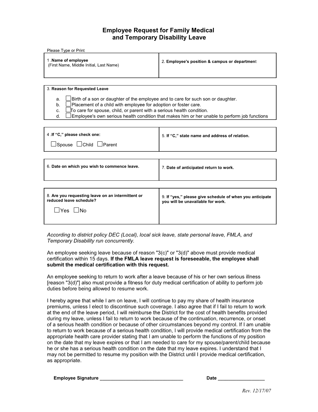 Employee Request for Family Medical