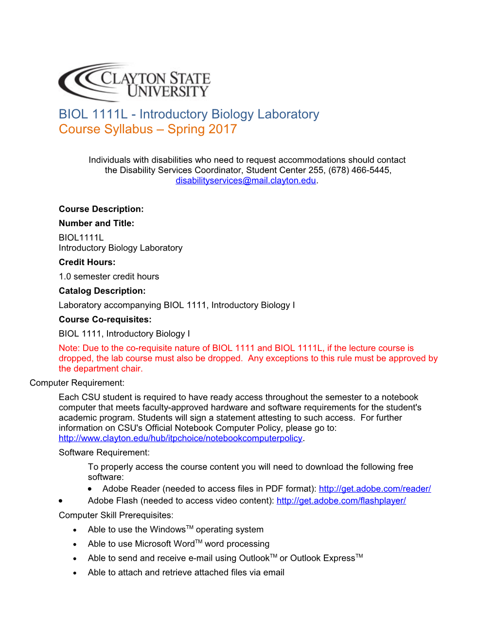 BIOL 1111L - Introductory Biology Laboratory Course Syllabus Spring 2017