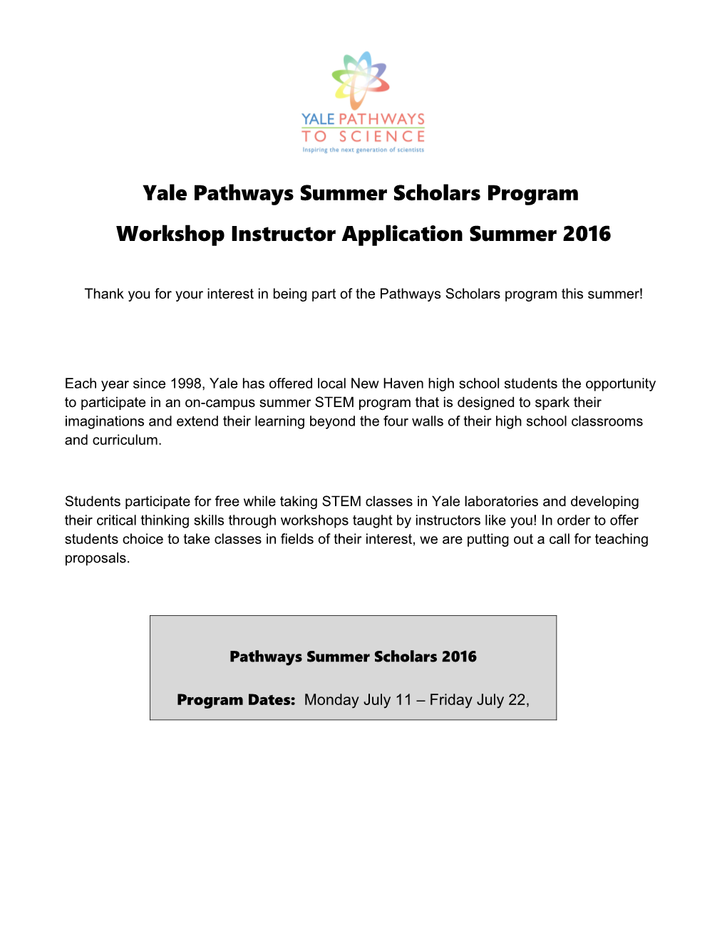 Yale Pathways Summer Scholars Program