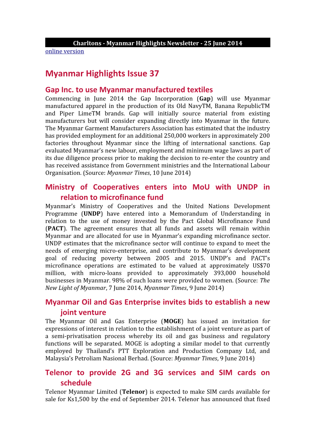 Charltons - Myanmar Highlights Newsletter - 25 June 2014