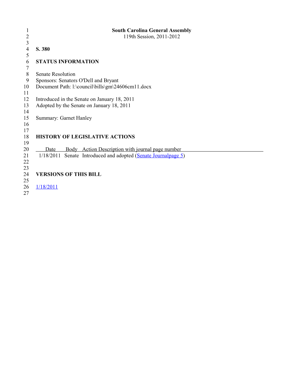 2011-2012 Bill 380: Garnet Hanley - South Carolina Legislature Online
