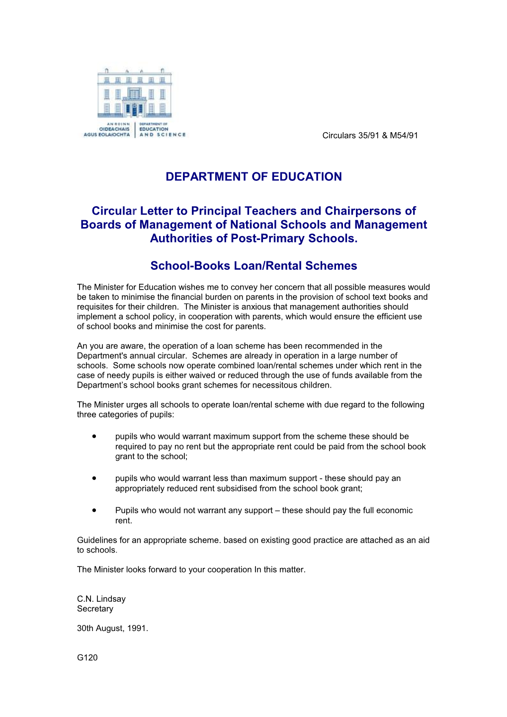 Circular Letter 35/91 & M54/91 - School-Books Loan/Rental Schemes - Guidelines for The