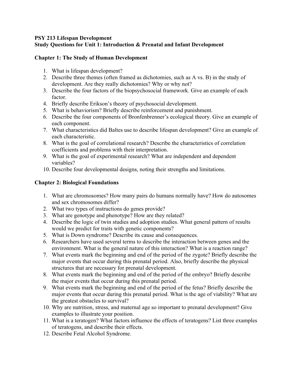 Study Questions for Unit 1: Introduction & Prenatal and Infant Development