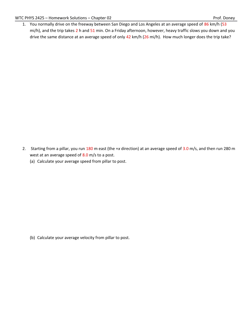 WTC PHYS 2425 Homework Solutions Chapter 02 Prof. Doney