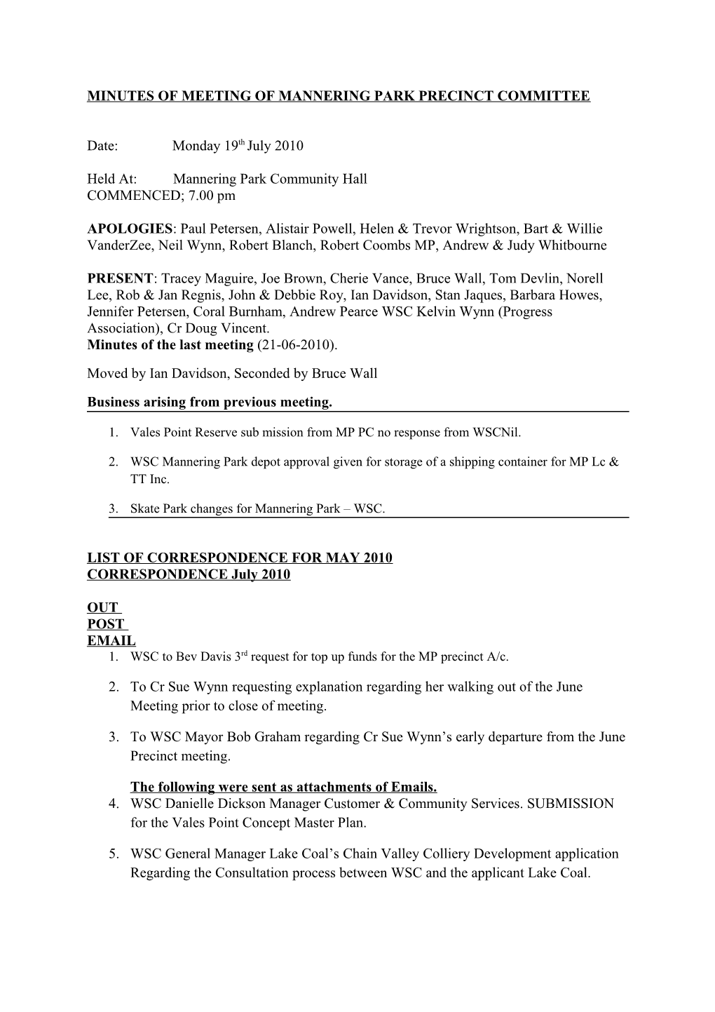 Minutes of Meeting of Mannering Park Precinct Committee