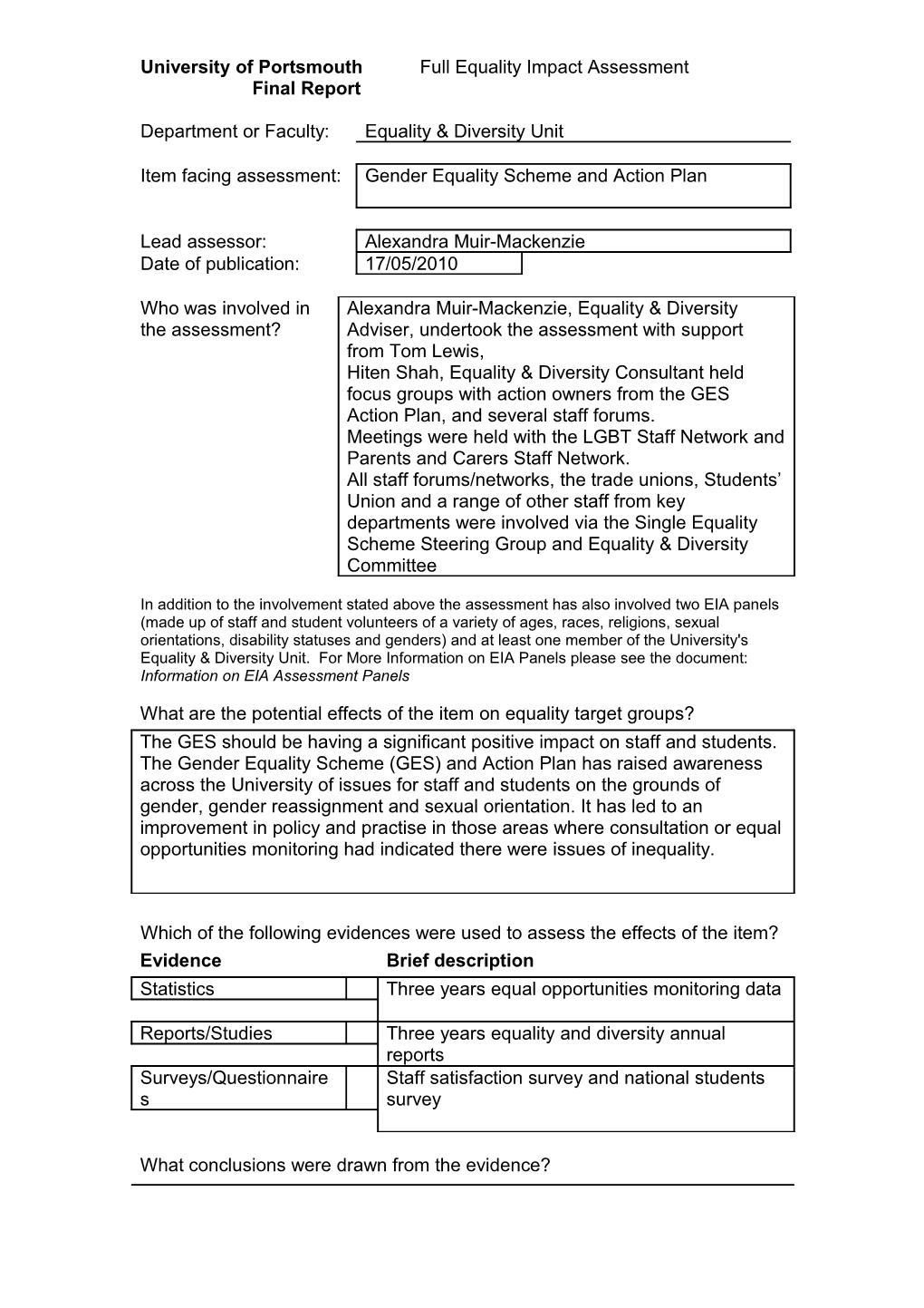 University of Portsmouth Fullequality Impact Assessment